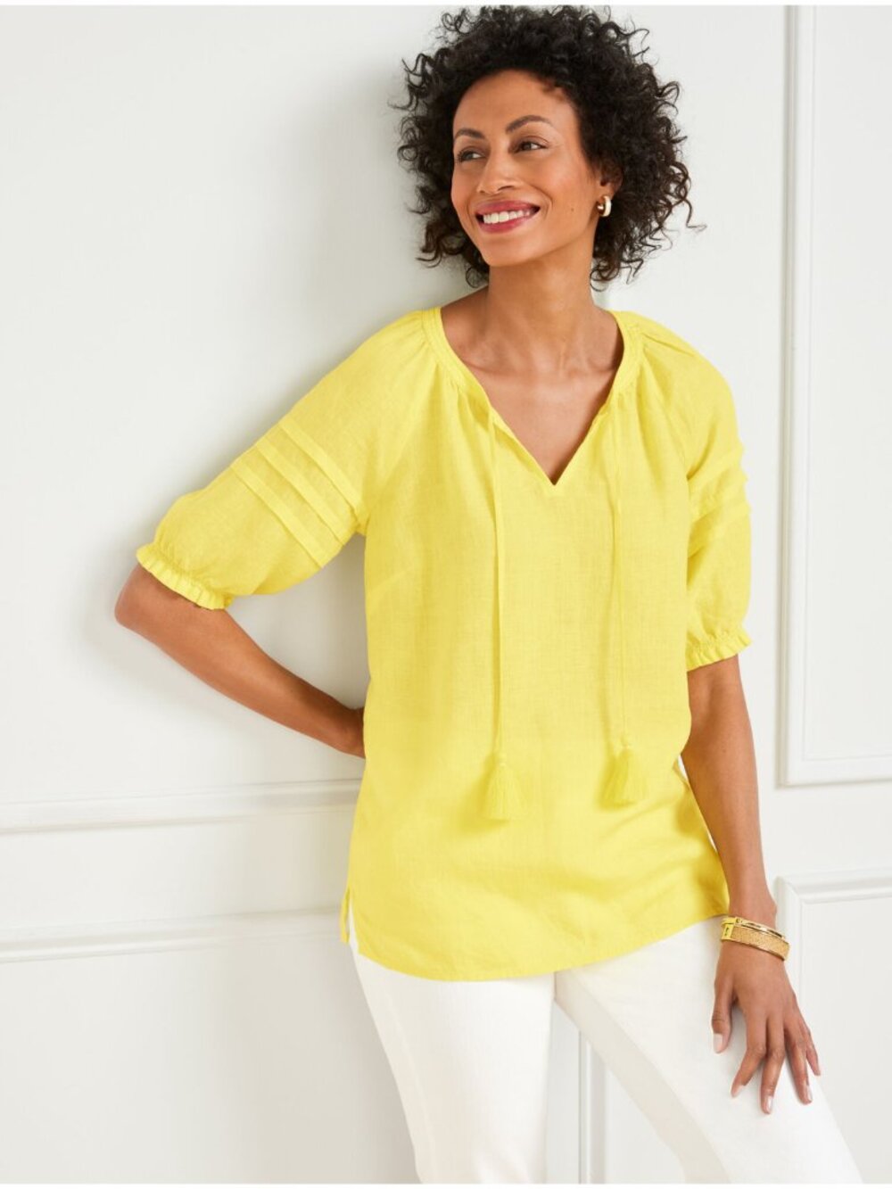 TALBOTS Pleated Sleeve Split Neck Linen Top in Yellow Size L